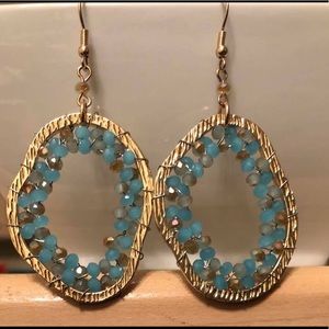 Blue and gold beaded dangle earrings